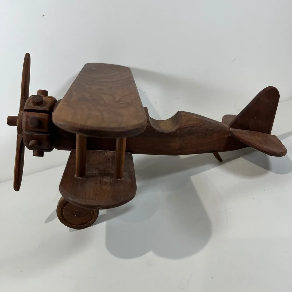 Vtg Wood Biplane Model Airplane Handcrafted Wood Decor Aviator MCM Collectible